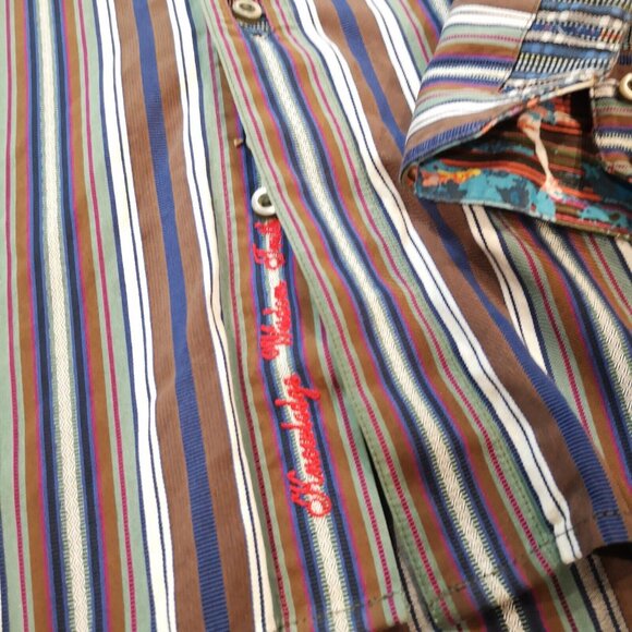 Robert Graham Button down Shirt XL Flip Cuff Aztec Brown Blue Stripe - Picture 6 of 13